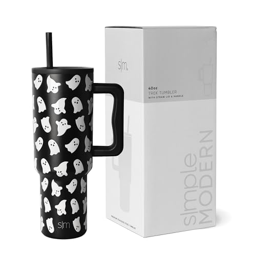 Simple Modern Halloween 40 oz Tumbler with Handle and Straw Lid | Insulated Cup Stainless Steel Water Bottle Travel Mug Cupholder Use | Gifts for Women | Trek Collection | Black and White Ghosts
