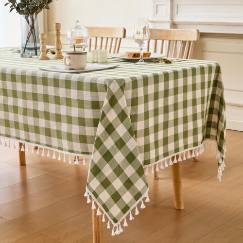JIALE Spring Gingham Tablecloth Rectangle Cotton Linen Fabric Checkered Table Cloth with Tassel Washable Wrinkle Free Buffalo Plaid Table Cover for Outdoor Party Picnic Kitchen Dining, Green, 55x106