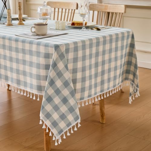 JIALE Gingham Tablecloth Rectangle Cotton Linen Fabric Checkered Table Cloth with Tassel Washable Wrinkle Free Buffalo Plaid Table Cover for Easter Party Outdoor Picnic Kitchen Dining, Blue, 55x106