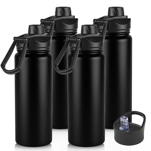 24oz Insulated Water Bottle with Straw Lid, Stainless Steel Metal Water Bottle with Straw & Wide Mouth Lid, Double Wall Vacuum Water Bottle for Hiking Camping, Black 4 Pack