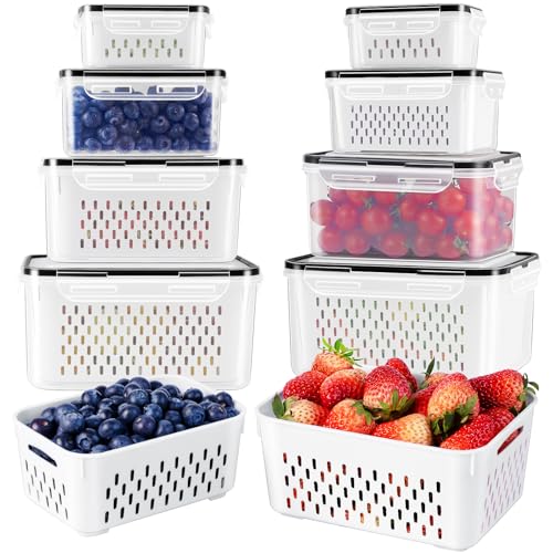8 PCS Fruit Storage Containers for Fridge with Removable Colander, Airtight Food Storage Container, Dishwasher Safe Produce Saver Container for Refrigerator, Keep Berry Fruit Vegetable Fresh Longer...
