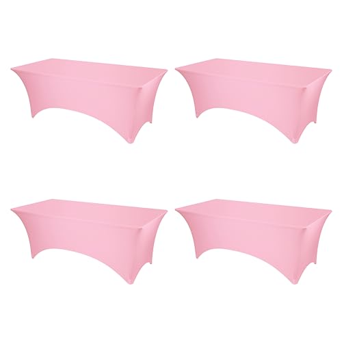 BRILLMAX 4 Pack Pink Fitted Spandex Table Covers - 8ft Stretch Tablecloths for 8 Foot Rectangle Cloths Rectangular Bulk Linen Fabric Elastic for Wedding Reception Banquet Birthday Party