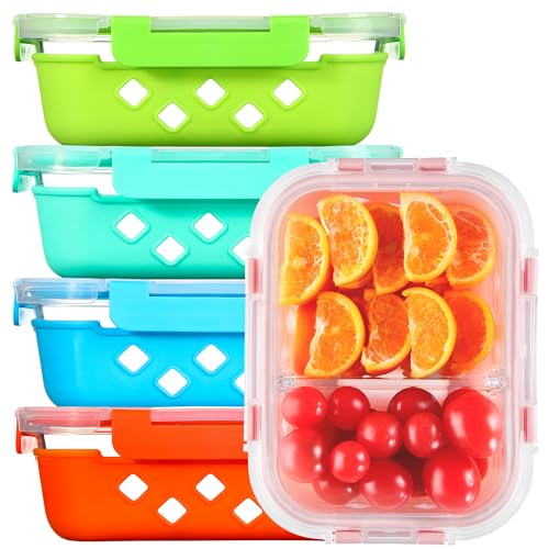 Divided Glass Storage Containers with Silicone Sleeve for Lunch, Glass Meal Prep Containers 2 Compartment with Lids (5 Pack, 34oz), Leak-Proof Portion Control Food Containers, Dishwasher Safe