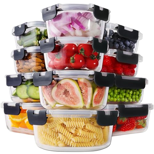 HOMBERKING 24pc Glass Food Storage Containers with Lids, Glass Meal Prep Containers with Leak Proof Snap Lock Lids, Airtight Bento Lunch Boxes, Kitchen Storage (12 lids & 12 Containers) - Black