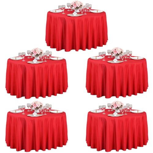 LTC LINENS 5 Pack 120 Inch Round Tablecloth Red - Bulk for 60 Inch Round Table Floor Length - Wrinkle Resistant Polyester Fabric Cloth for Wedding