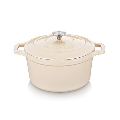 vancasso 2.5 QT Enameled Cast Iron Dutch Oven with Stainless Steel Knob Lid  Small Non-Stick Casserole for Steaming, Baking, and Roasting  Cream Color