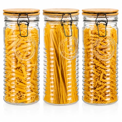 kitchentoolz Glass Storage Canister with Airtight Clasp Lids - Set of 3 Mason Jar Storage Containers for Cereal, Coffee & Rice - 56 Ounce Pantry Organizing Canister Set