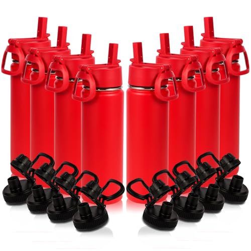 Volhoply 20oz Insulated Stainless Steel Water Bottle With Straw Lid Bulk 8 Pack,Kids Double Wall Vacuum Cups With Handle,Reusable Outdoor Camping Sports Metal Bottles,Travel Flask Keep Cold(Red,8)