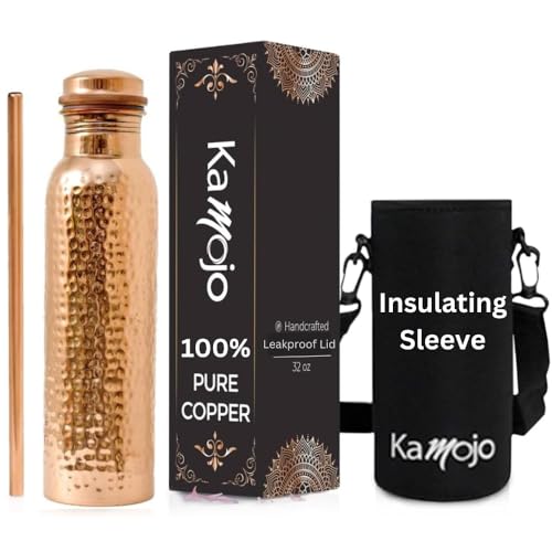 Copper Water Bottle for Drinking - Hammered 100% Pure Copper Tumbler with Leak Proof Lid, Removable Insulating Sleeve & Straw - Handcrafted Ayurvedic Cup for Water 32 fl oz