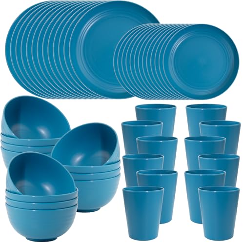 LIYH 48 Pcs Blue Wheat Straw Dinnerware, Plates and Bowls Set, Camping Dish Set for 12, Plastic Dinnerware Set, Dishwasher Safe Dinnerware Set, Unbreakable Plastic, Camper Dish Sets