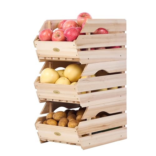 Wood Potato Onion Storage Bins - Wooden Stackable Produce Basket - Fruit Vegetable Storage for Kitchen Pantry Organization, Set 3 Pieces