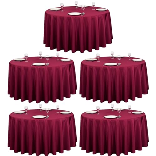 LTC LINENS 5 Pack 120 Inch Round Tablecloth Burgundy - Bulk for 60 Inch Round Table Floor Length - Washable, Wrinkle Resistant Polyester Fabric Cloth for Parties