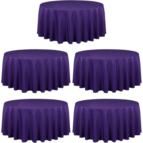 LTC LINENS 5 Pack 120 Inch Round Tablecloth Purple - Bulk for 60 Inch Round Table Floor Length - Washable, Wrinkle Resistant Polyester Fabric Cloth for Party