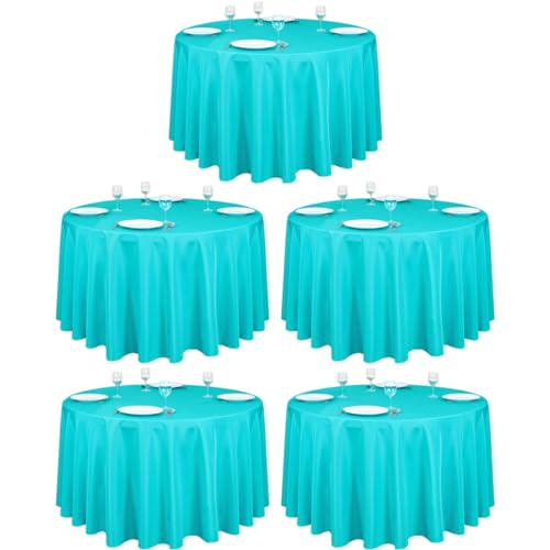 LTC LINENS 5 Pack 108 Inch Round Tablecloths Turquoise - Bulk for 48 Inch Round Table Floor Length - Wrinkle Resistant Polyester Fabric Cloth for Wedding