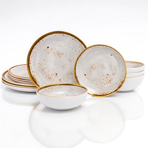 TP 12-Piece Dinnerware Set, Melamine Dishes Set with Bowls and Plates, Non-breakable and Lightweight Dinner Service for 4, Grey Swirl