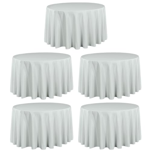 LTC LINENS 5 Pack 108 Inch Round Tablecloths Silver - Great for 48 Inch Round Table Floor Length - Wrinkle Resistant Polyester Fabric Cloth for Wedding