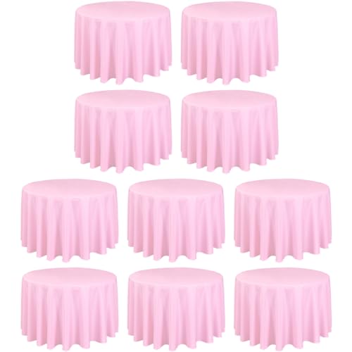 LTC LINENS 10 Pack 108 Inch Round Tablecloths Pink - Bulk for 48 Inch Round Table Floor Length - Wrinkle Resistant Polyester Fabric Cloth for Wedding, Baby Shower