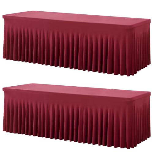 2 Pack Burgundy Spandex Table Clothes for 8 Foot Rectangle Tables, Wrinkle Free Fitted Table Cover 8ft Maroon Stretch Tablecloths with Skirt for Parties Weddings Birthday Banquet Baby Shower