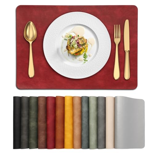 UnivoColors Washed Cowhide Pattern PU Leather Placemats Set of 8 Heat Resistant Kitchen Table Mats, Waterproof Wipeable for Party Decoration(Red)