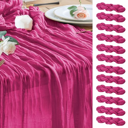Wokceer Cheesecloth Table Runner 12Pack 10FT Fuchsia Boho Gauze Cheese Cloth Table Runner for Party Long Rustic Sheer Table Runners for Baby Bridal Shower Wedding Easter Table Decor