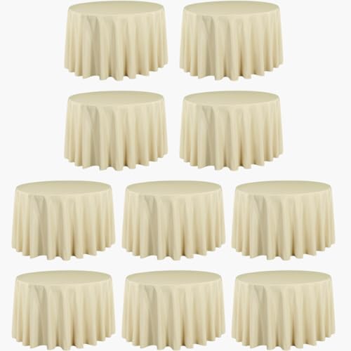 LTC LINENS 10 Pack 108 Inch Round Tablecloths Beige - Bulk for 48 Inch Round Table Floor Length - Wrinkle Resistant Polyester Fabric Cloth for Wedding
