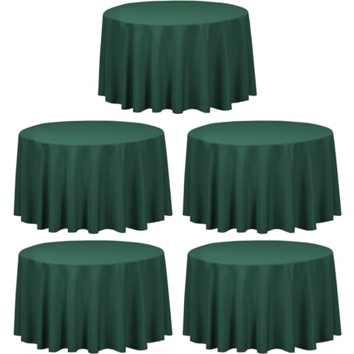 LTC LINENS 5 Pack 108 Inch Round Tablecloths Hunter Green - Bulk for 48 Inch Round Table Floor Length - Wrinkle Resistant Polyester Fabric Cloth for Party