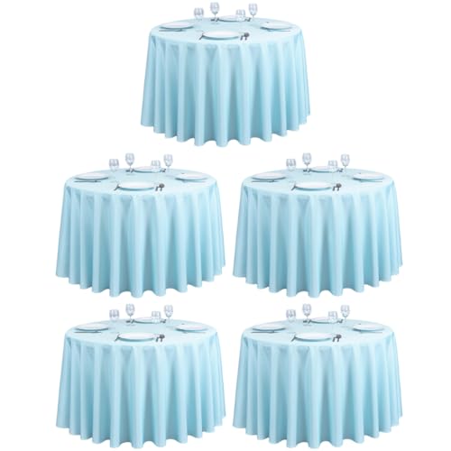 LTC LINENS 5 Pack 108 Inch Round Tablecloths Baby Blue - Bulk for 48 Inch Round Table Floor Length - Wrinkle Resistant Polyester Fabric Cloth for Wedding, Baby Shower
