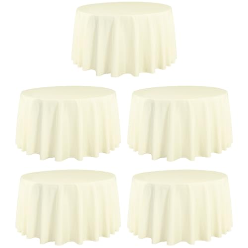 LTC LINENS 5 Pack 108 Inch Round Tablecloths Ivory - Great for 48 Inch Round Table Floor Length - Wrinkle Resistant Polyester Fabric Cloth for Wedding