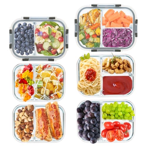 2 & 3 Compartment Meal Prep Containers - Glass Food Storage Lunch Containers with Lids, Bento Box, Portion Control, Freezer to Microwave Safe