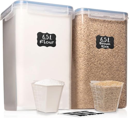 WHITE FEATHER SUPPLIES 2 PC [6.5L / 220 Oz] Large Flour Sugar Storage Containers - Leak Proof, BPA Free, Clear Plastic Food Storage Containers with Lids Airtight - Bulk Storage for Kitchen and Pantry