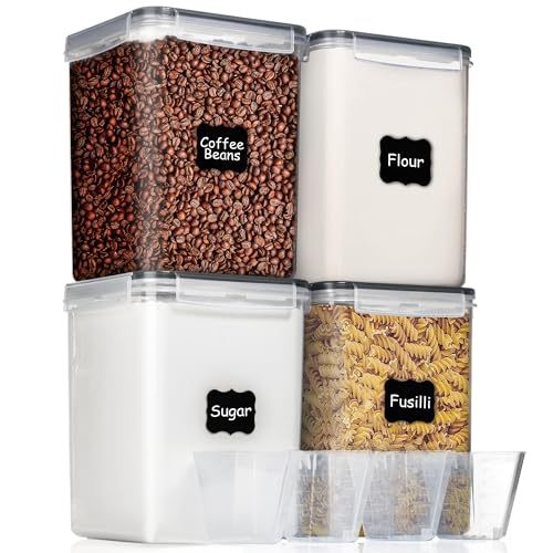 WHITE FEATHER SUPPLIES 4 Pcs Airtight Food Storage Containers with Lids, Flour Sugar Storage Container - Pantry Organization and Storage, BPA Free Cereal Containers (4 x 5.2L) 4 Measuring Cups
