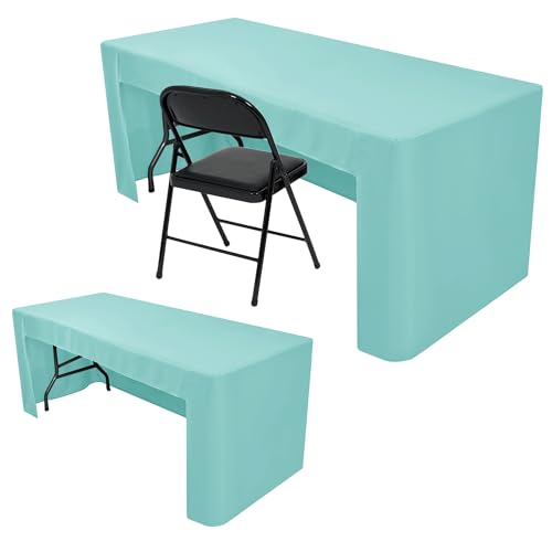 Nasitos 2 Pack Aqua 8ft Tablecloth Fitted - Open Back Folding Table Cover Washable and Wrinkle Resistant Tablecloth for Rectangular Table, Trade Show, Book Fair, Career Fair, Convention, Events