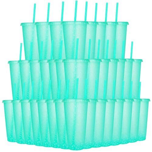 Suertestarry 36 Pack Plastic Reusable Cups 24oz Bulk Tumblers with Lids and Straws for Adults Kid Women Party, Smoothie Cups for Iced Coffee Travel Cup(Light Green)