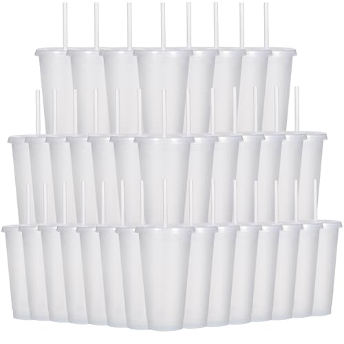Suertestarry 36 Pack Plastic Reusable Cups 24oz Bulk Tumblers with Lids and Straws for Adults Kid Women Party, Smoothie Cups for Iced Coffee Travel Cup(White)