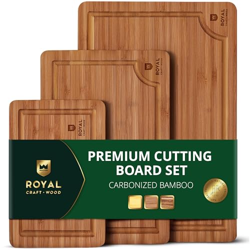 ROYAL CRAFT WOOD Wooden Cutting Boards for Kitchen Meal Prep & Serving - Bamboo Wood Serving Board Set with Deep Juice Groove Side Handles - Charcuterie & Chopping Butcher Block for Meat (3 Pcs)