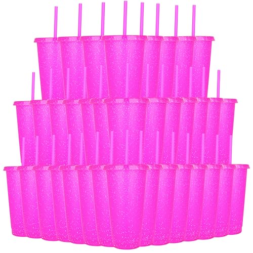 Suertestarry 36 Pack Plastic Reusable Cups 24oz Bulk Tumblers with Lids and Straws for Adults Kid Women Party, Smoothie Cups for Iced Coffee Travel Cup (Rose)
