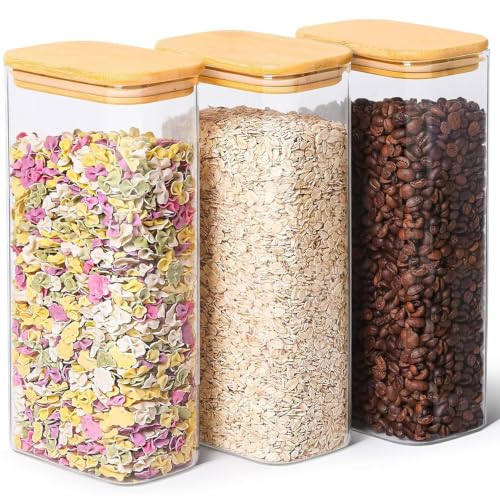 ComSaf 2 Qt Rectangle Glass Storage Containers with Lids, Glass Jars with Bamboo Lids, Clear Food Jar, Square Canister Set of 3, Pantry Organizers and Storage for Flour Pasta Coffee Bean