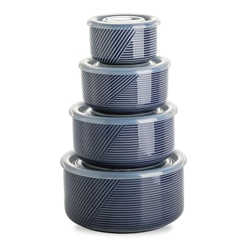 Ceramic Nesting Bowls with Lids: Mixing Bowls with Lids - Porcelain Food Storage Containers For Prep and Serving, Microwavable Kitchen Bowl Set of 4, 50/32/20/10 oz (Navy)