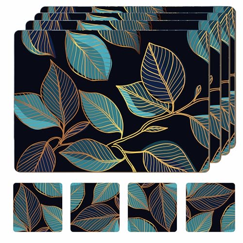 Set of 4 Heat Resistant Cork Placemats for Dining Table with Free Set of 4 Matching Drink Coasters Sage Green Marble Design 16 x 12 Inches Cork Backed Hard Placemats (Blue Gold Botanical)