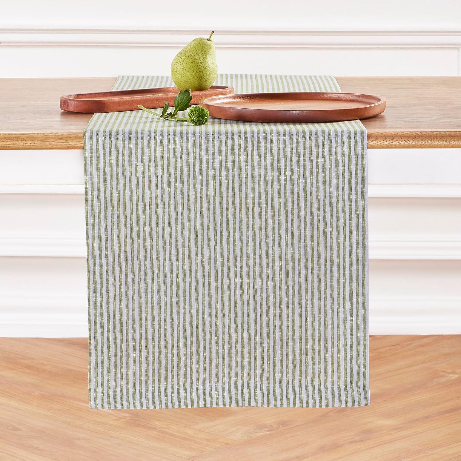 Solino Home Linen Table Runner 90 Inches Long - Narrow Stripe, 100% Pure Linen Avocado and White Farmhouse Table Runner 14 x 90 Inch for Dining, Fall, Autumn, Thanksgiving, Christmas