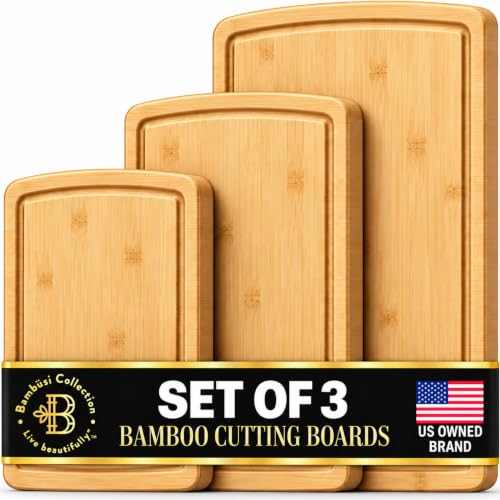 Wood Cutting Board - 3 Piece Bamboo Cutting Board Set, Wooden Cutting Boards for Kitchen with Deep Juice Groove, Side Handles - Chopping Boards for Meat, Vegetables, Charcuterie - Kitchen Gift Set