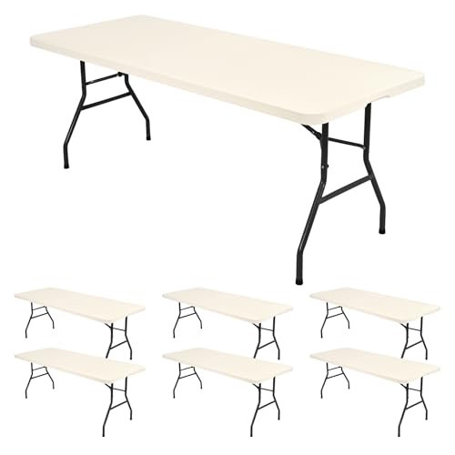6 Pack Stretch Fabric Table Top Cap Cover, fits 8' Tables, Spandex Table Covers Washable Elastic Rectangle Tablecloth Protector for Indoor Outdoor Party Picnic Wedding, Ivory, 30" W x 96" L