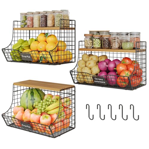 Extra Large Fruit Basket for Kitchen with Wood Lid Nameplate - Counter&Wall Mounted Onion and Potato Storage Bin, Stackable Metal Hanging Wire Baskets kitchen countertop organizer Pantry 3 Pack