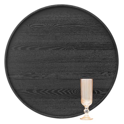 20 inch Round Solid Wood Serving Tray Extra Large Tea Coffee Snack Food Meals Serving Plate Non-Slip Kitchen Party Bar Server Ottoman Tray Breakfast Tray with Raised Edges Black