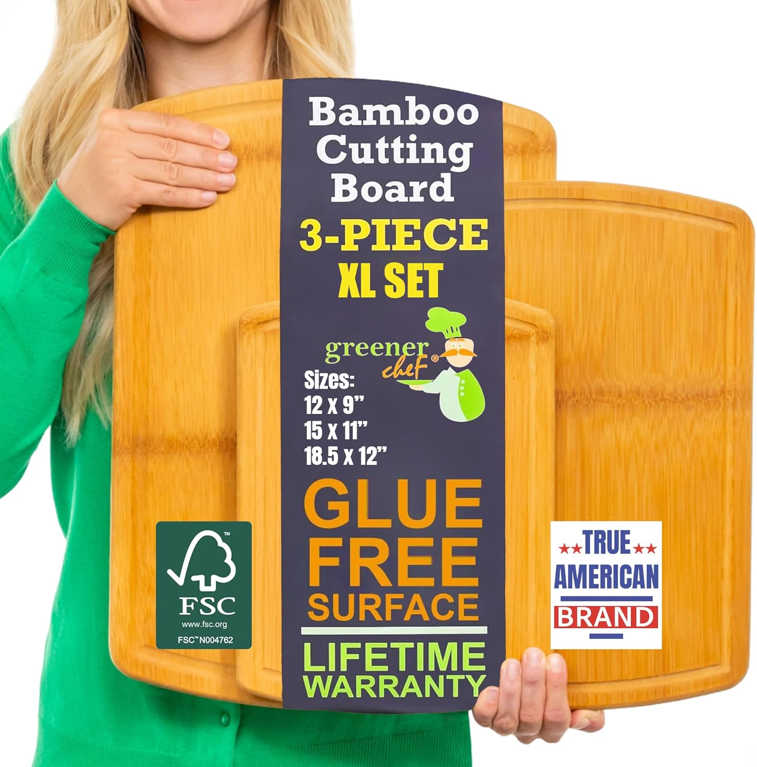 Glue-Free SurfaceTM Extra Large Bamboo Cutting Board Set  For Chopping Vegetables, Carving Meat, Slicing Bread, and Serving Cheese & Charcuterie for Safer Family Meal Prep  For Health Conscious Chefs