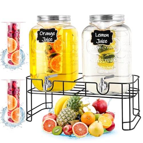 Drink Dispenser & Glass Water Dispenser, 2 Pack 2 Gallon Beverage Dispenser with Stand,with Ice Core,Stainless Steel Spigot and Lid 100% Leakproof.Glass Beverage Dispenser for BBQ,Picnic,Party