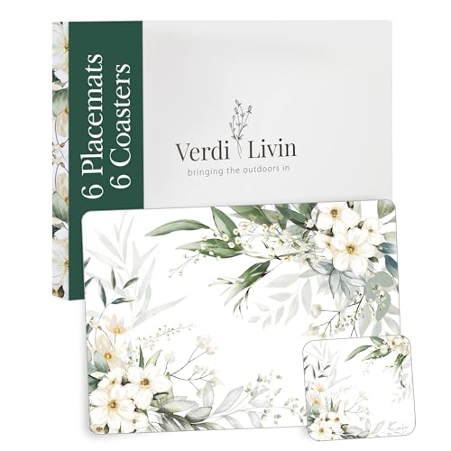 Cork Placemats Set of 6 Matching Coasters I Heat Resistant Place Mats for Dining Table 16" x 12", Cork Backed, Wipeable White Lily Design