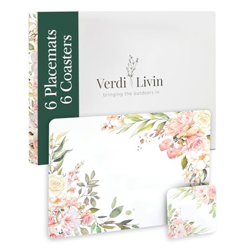 Cork Placemats Set of 6 Matching Coasters I Heat Resistant Place Mats for Dining Table 16" x 12", Cork Backed, Wipeable Pink Rose Design