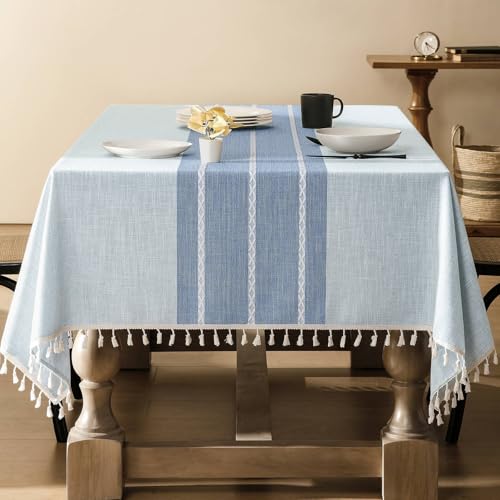 ZeeMart Contrast Linen Table Cloth Rectangle Table Cloths 60x104 Inch Blue, Farmhouse Style Heavy Weight Blue Tablecloth, Water Resistant Burlap Tablecloths