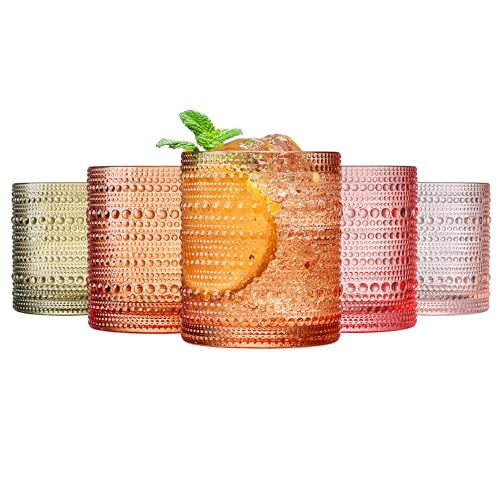 Hobnail Tumbler Drinking Glasses Set | Set of 5 | Vintage Sunset Colored Beaded Hobnails 10 OZ Muted Bubble Whiskey Glassware, Old-Fashioned, Embossed Design Glass Water Wine, Cocktail Glass Set Gift